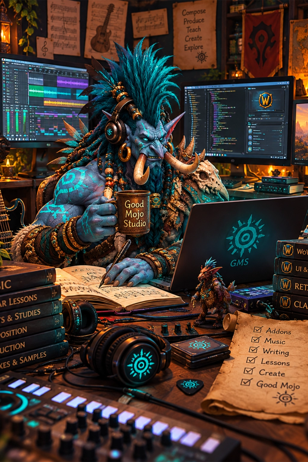 A World of Warcraft troll in front of a laptop.